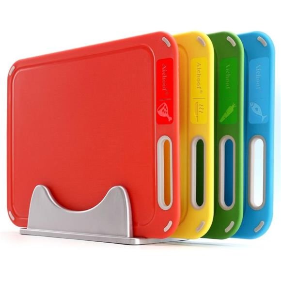 Plastic Cutting Board, Set of 4 with Storage Stand, Color Box Packed, BPA-Free - Picture 1 of 8